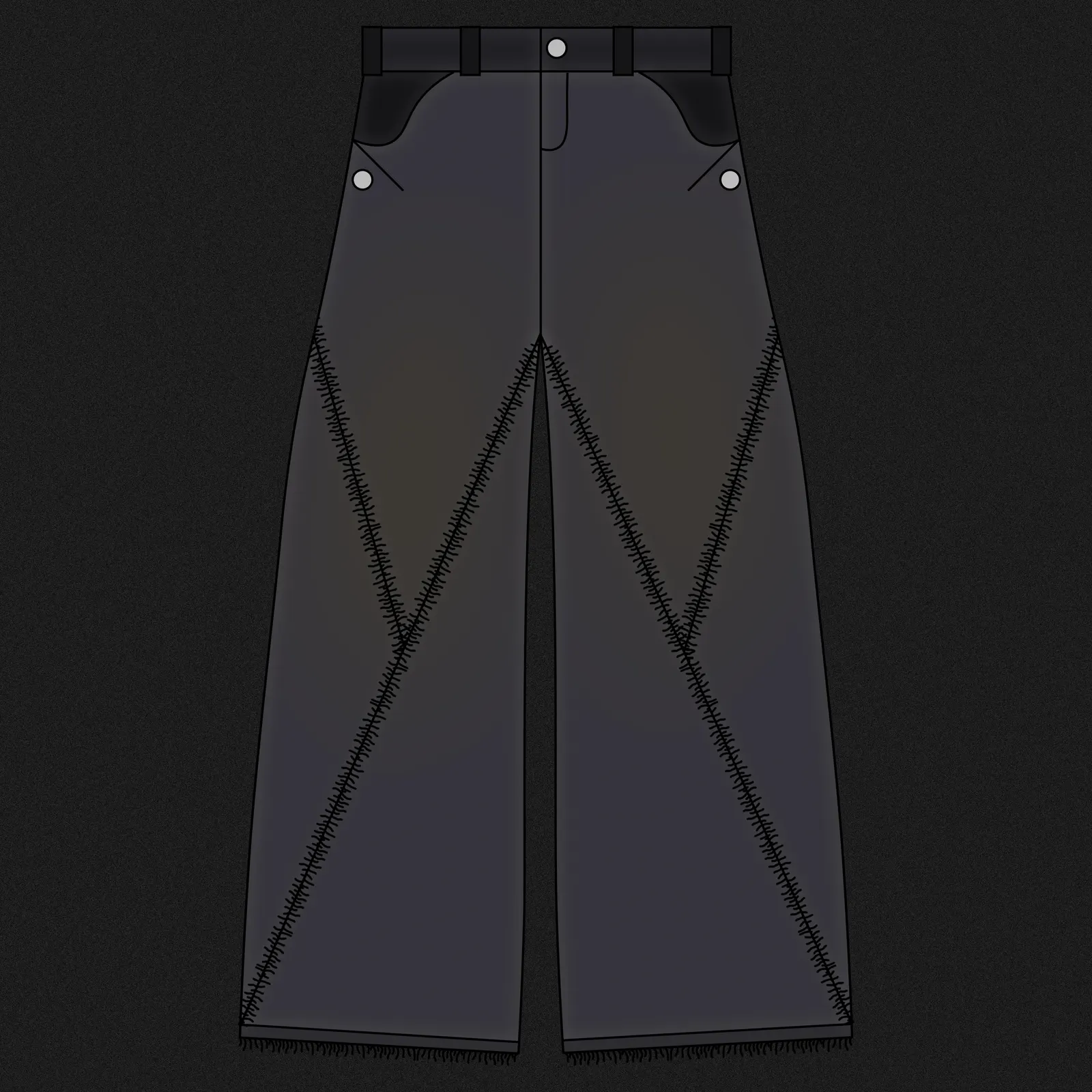 technical drawing of black baggy jeans with crisscross frayed stitching