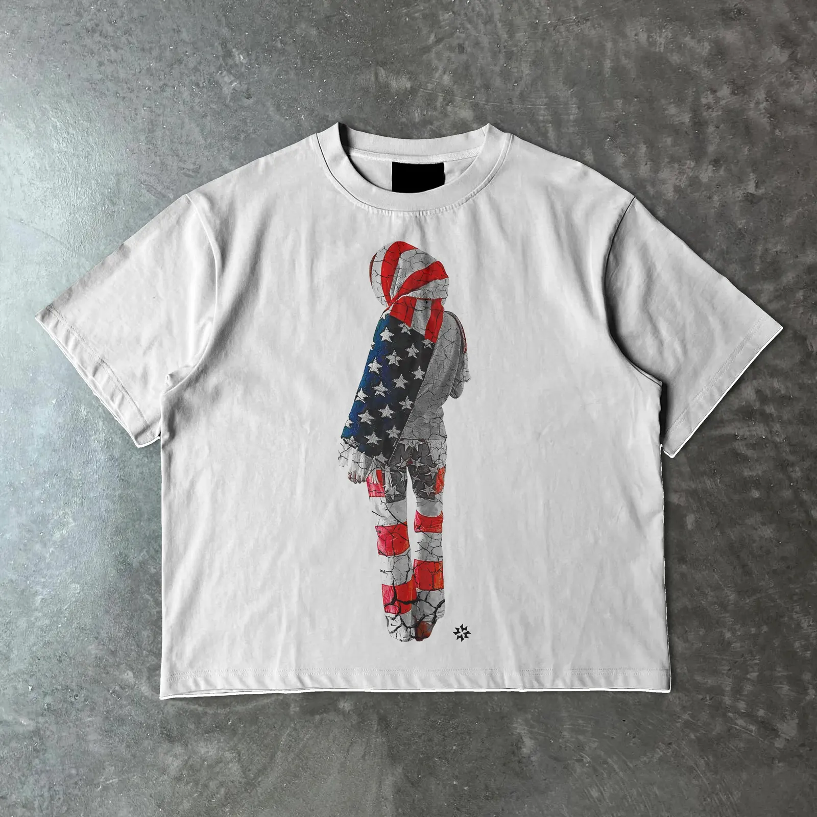 white streetwear tee mockup with American flag hooded figure print