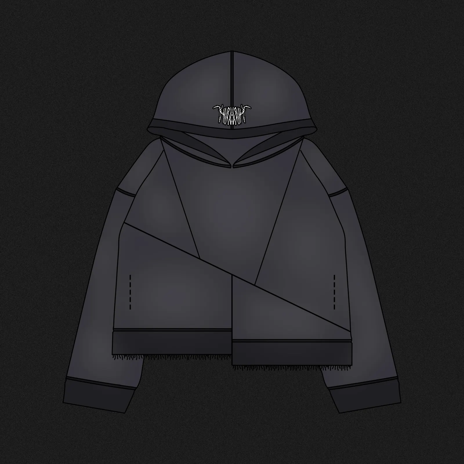 black paneled hoodie flat sketch with white metal logo on hood