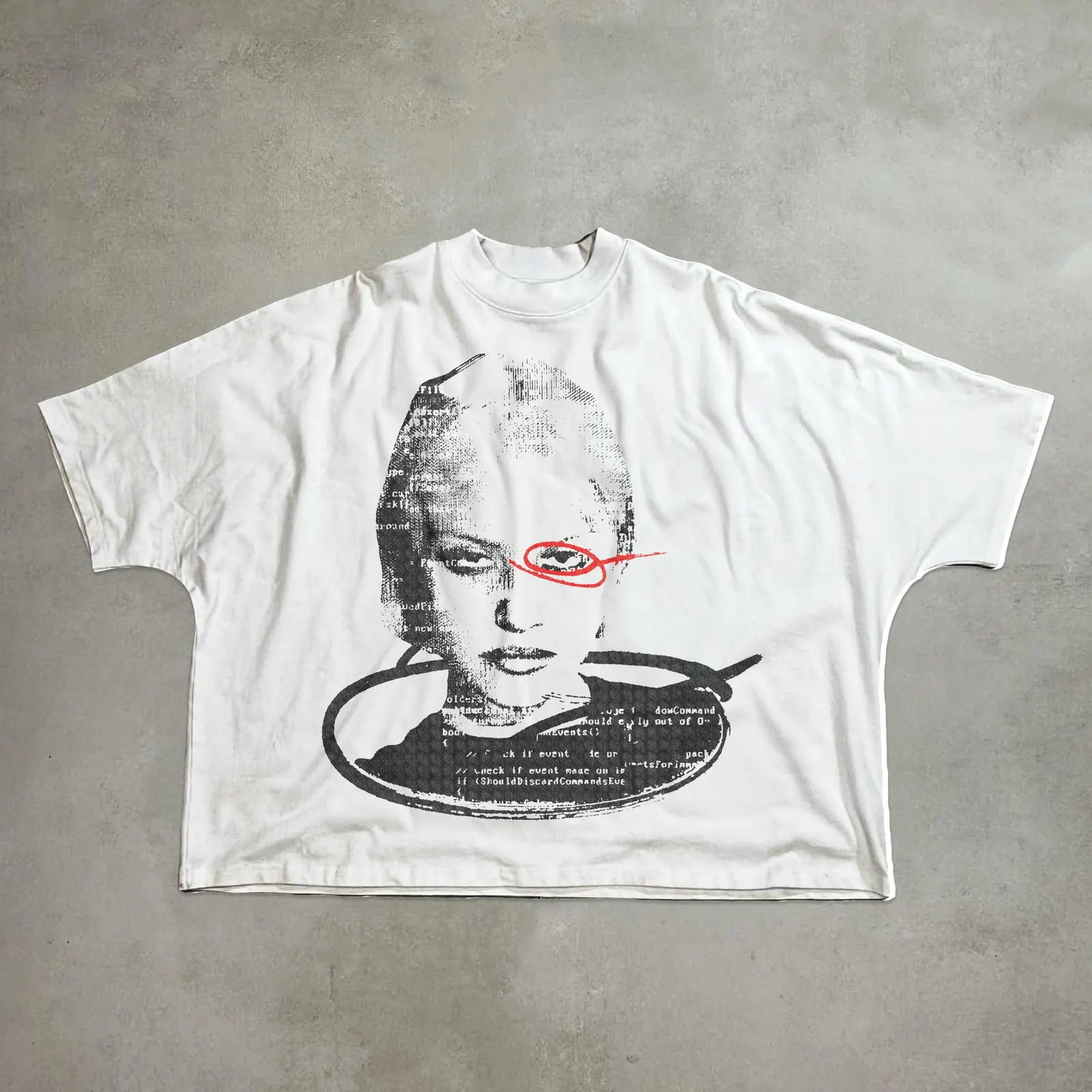 white oversized tee mockup with halftone woman portrait, red scribble over eye