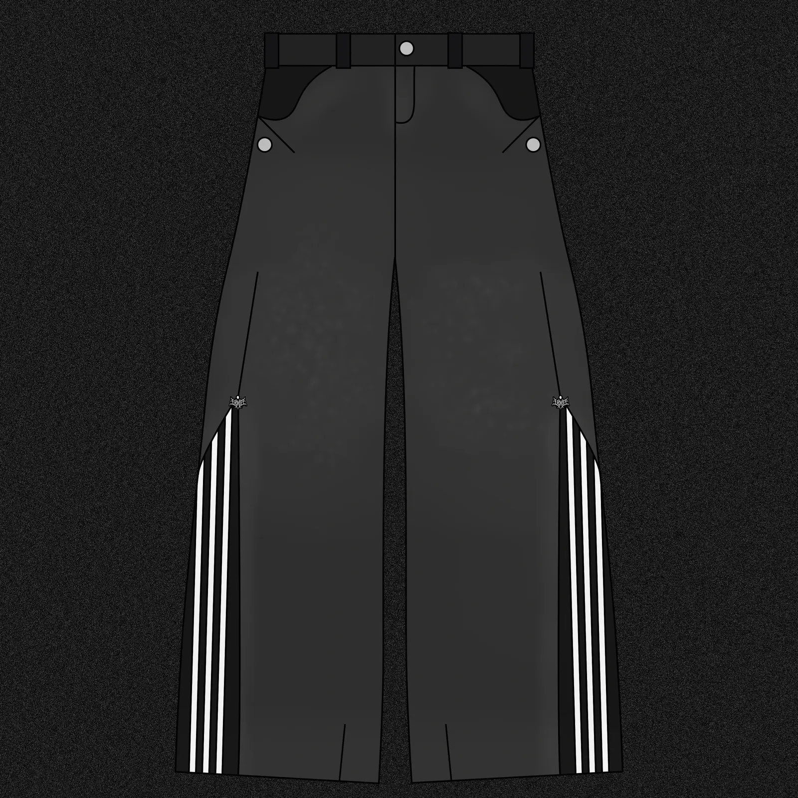 black baggy jeans sketch with triple white side stripes, gothic logos