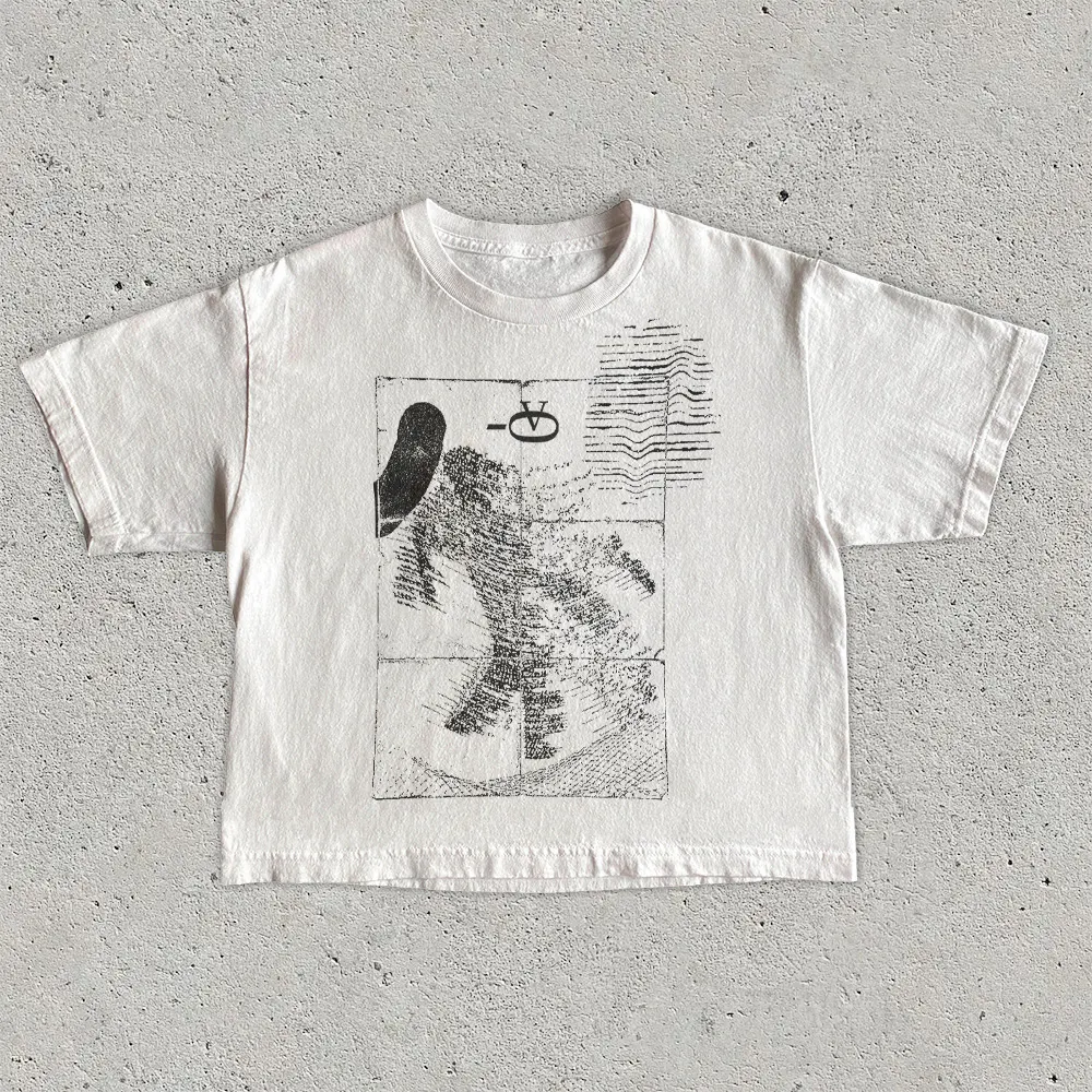 white tee mockup with black abstract halftone collage print