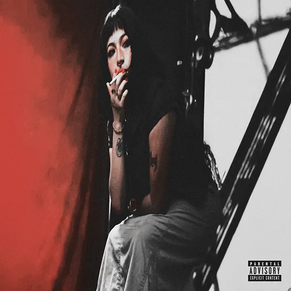album cover of woman smoking beside red curtain, tattoos, parental advisory