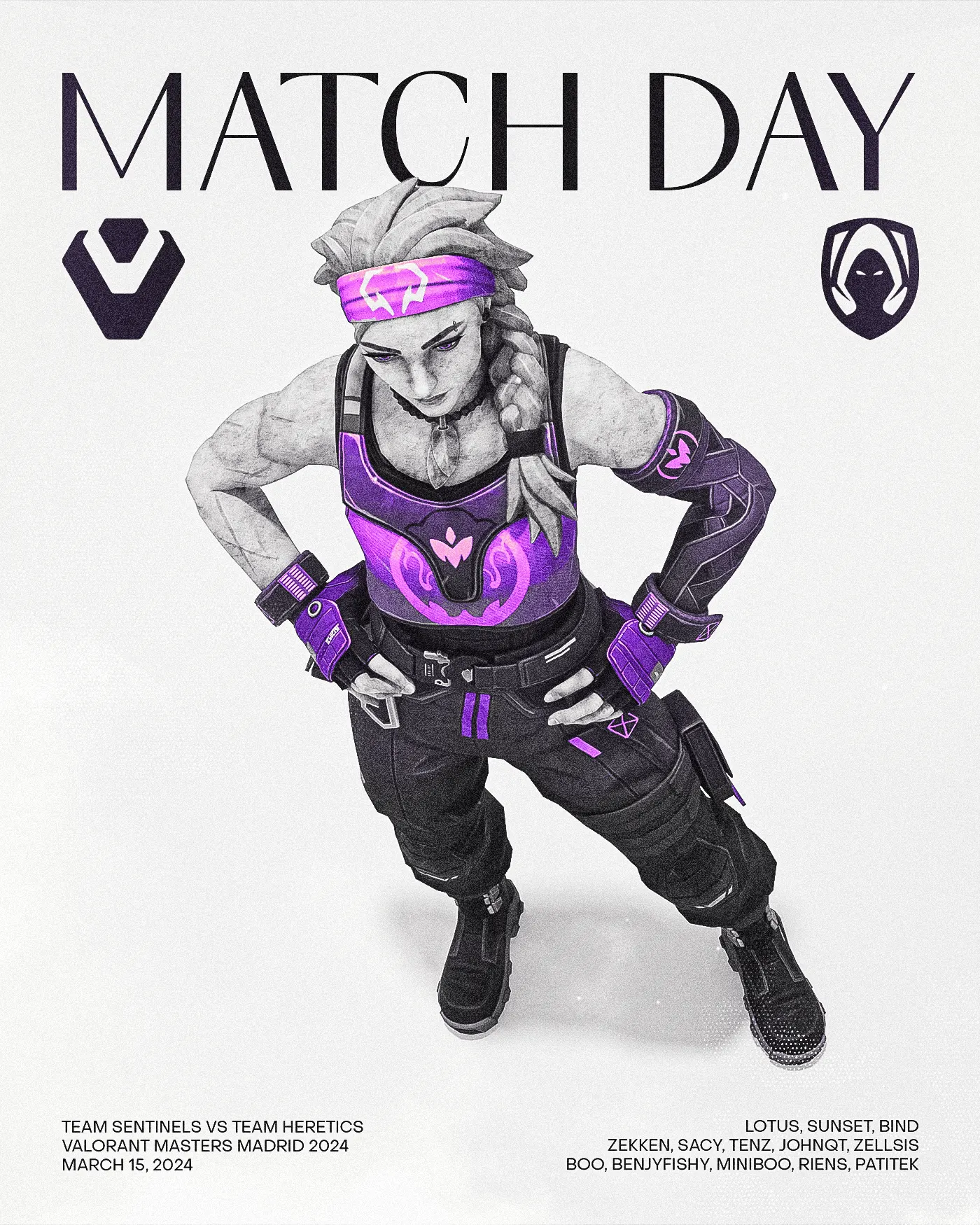 Match Day Valorant Masters Madrid poster, purple-outfit braid-haired fighter, Sentinels versus Heretics