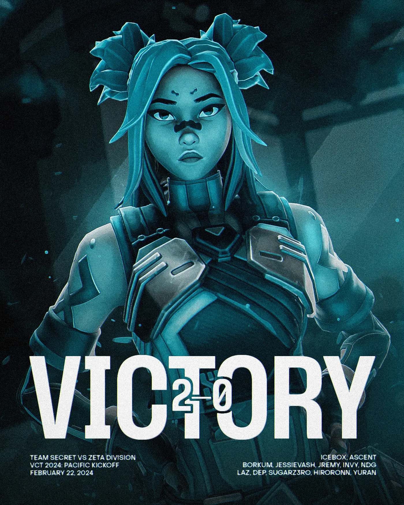 teal Valorant victory poster, agent portrait, Victory 2-0 versus Zeta Division