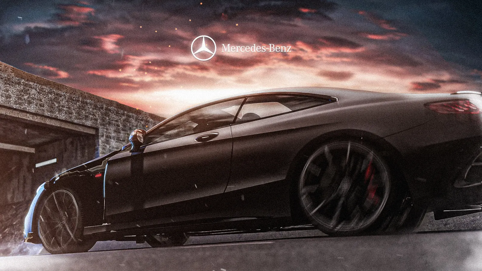 Mercedes-Benz poster of black coupe under dramatic sunset sky