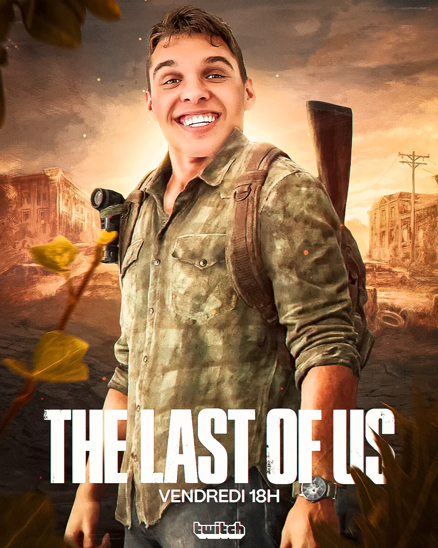 The Last of Us stream poster, smiling man in Joel outfit, Twitch