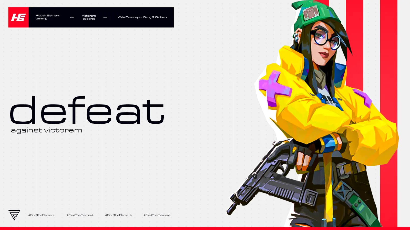 defeat graphic with Valorant agent Killjoy in yellow jacket holding gun