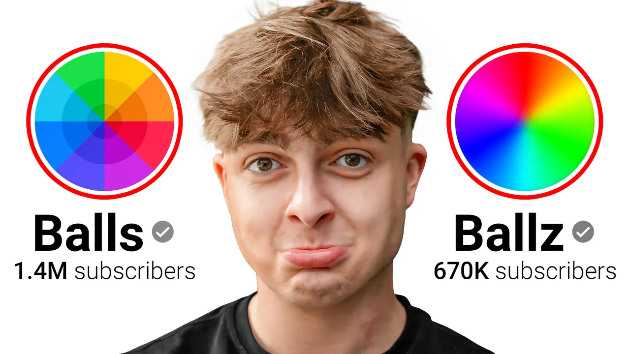 Pouting young man between color wheels comparing Balls versus Ballz subscriber counts