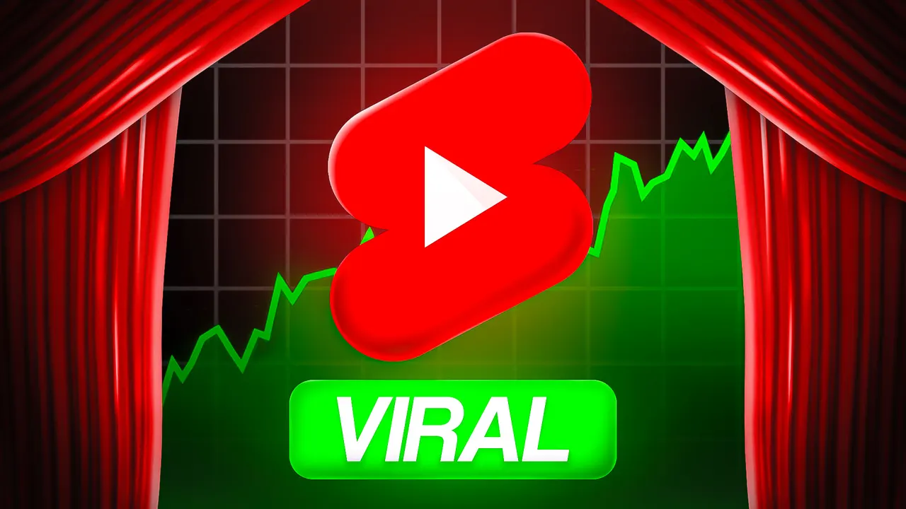 Red play button between red curtains with green viral badge