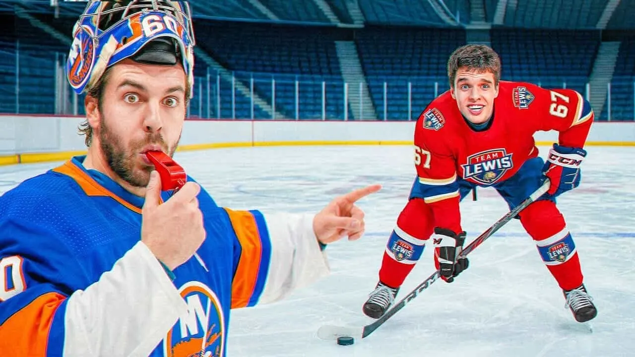 Islanders goalie blowing whistle at smiling Team Lewis hockey player
