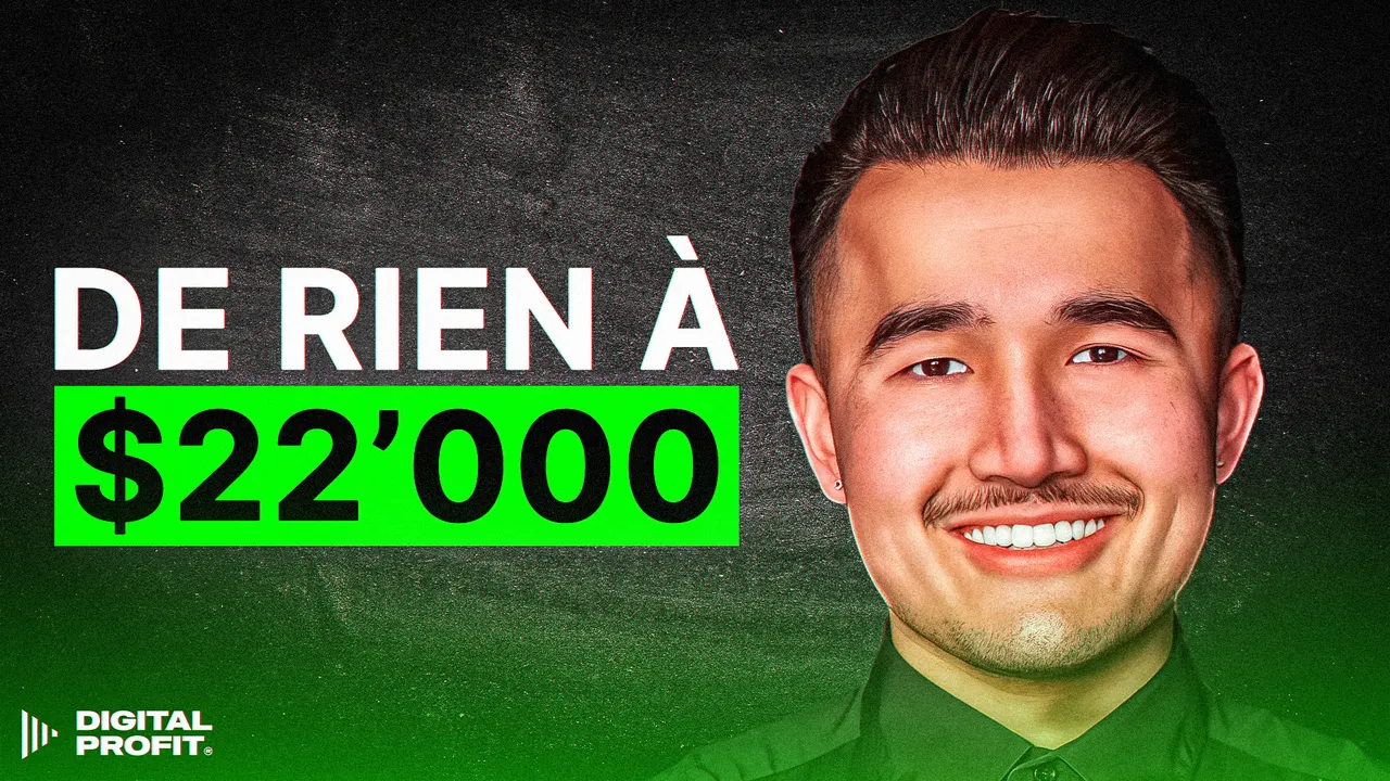 Smiling man beside green 22,000 dollars text with Digital Profit logo