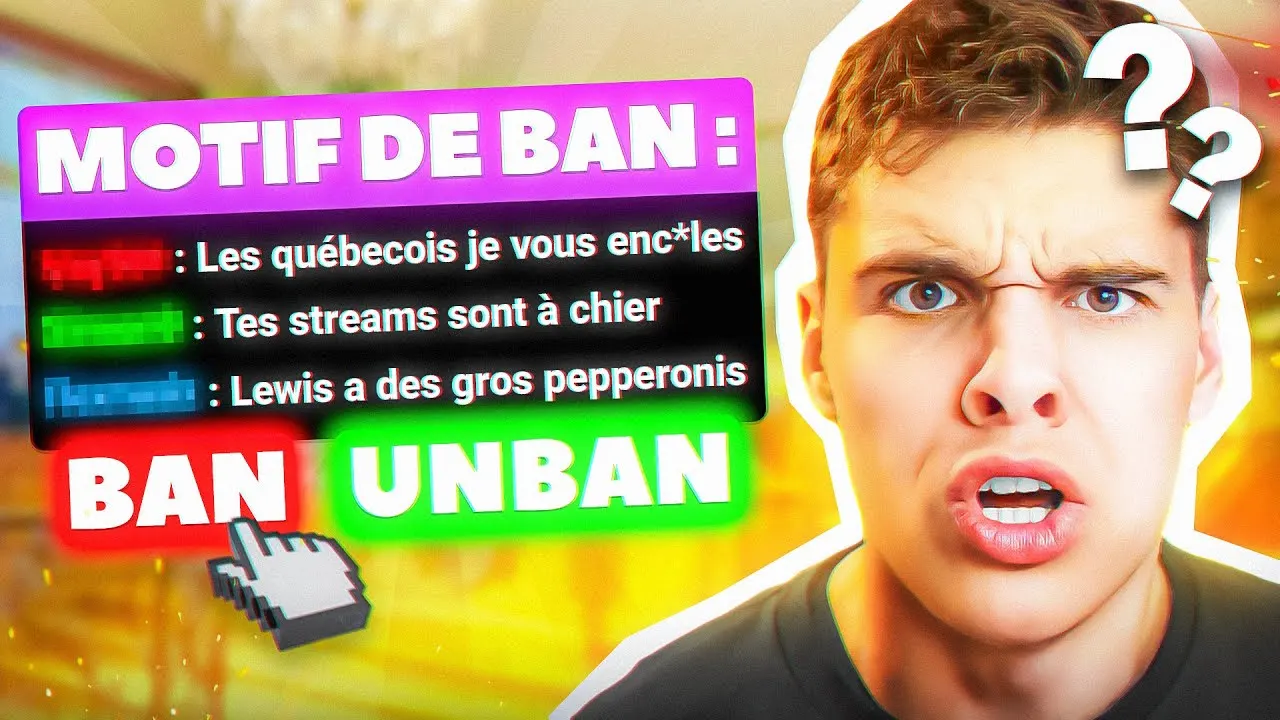 Shocked streamer beside French ban reason list with BAN UNBAN buttons