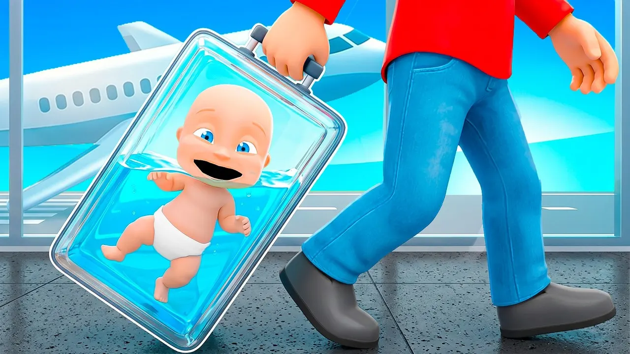 Cartoon baby swimming inside water-filled suitcase carried through airport terminal