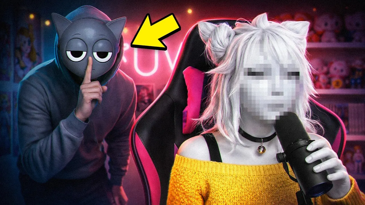 Gray cat mask figure sneaks behind white-haired cat-ear cosplayer with microphone