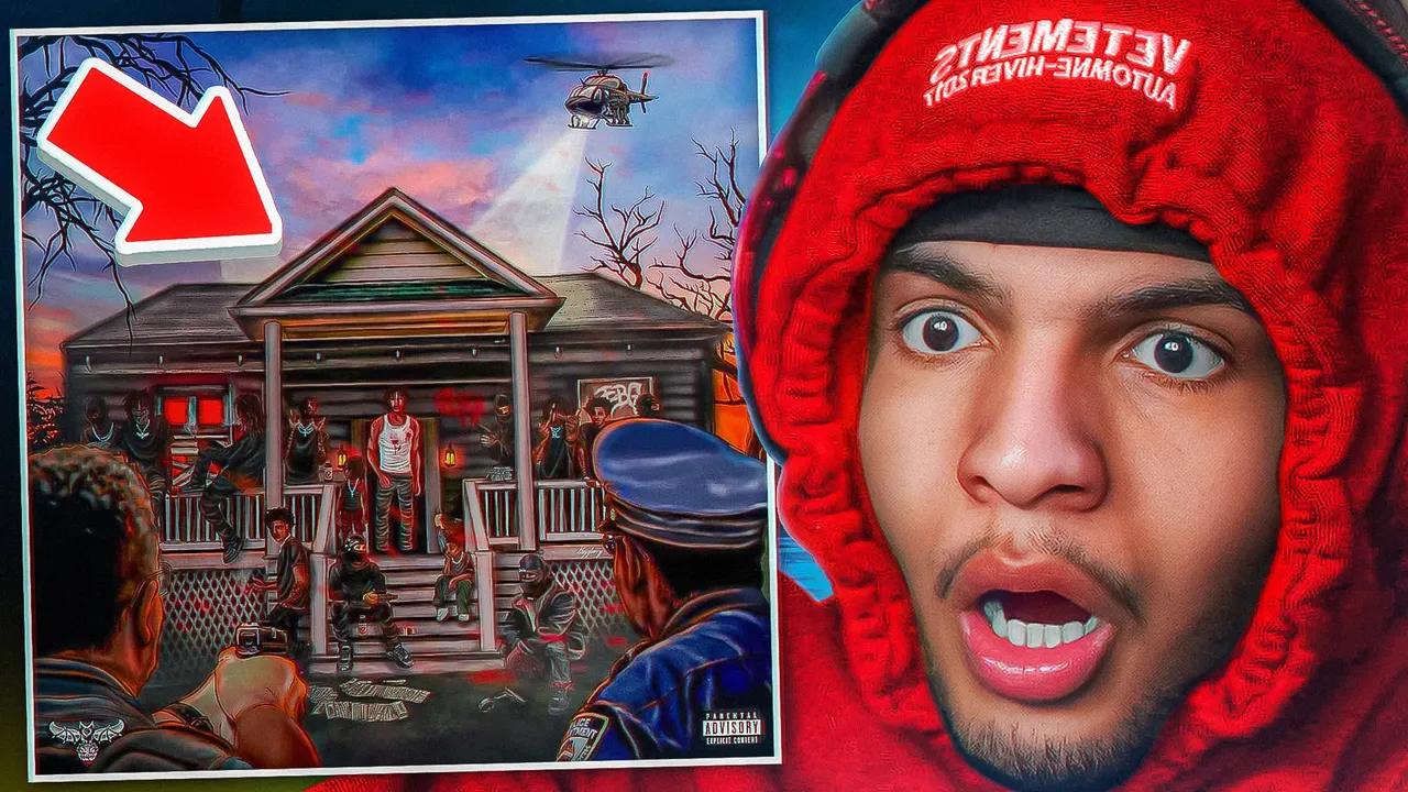 Shocked man in red hoodie reacting to cartoon house party album cover