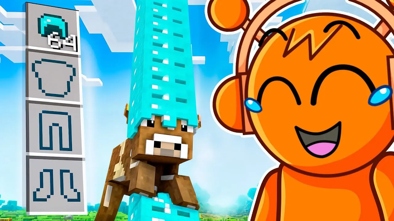 Minecraft cow in diamond armor beside laughing orange cartoon cat mascot