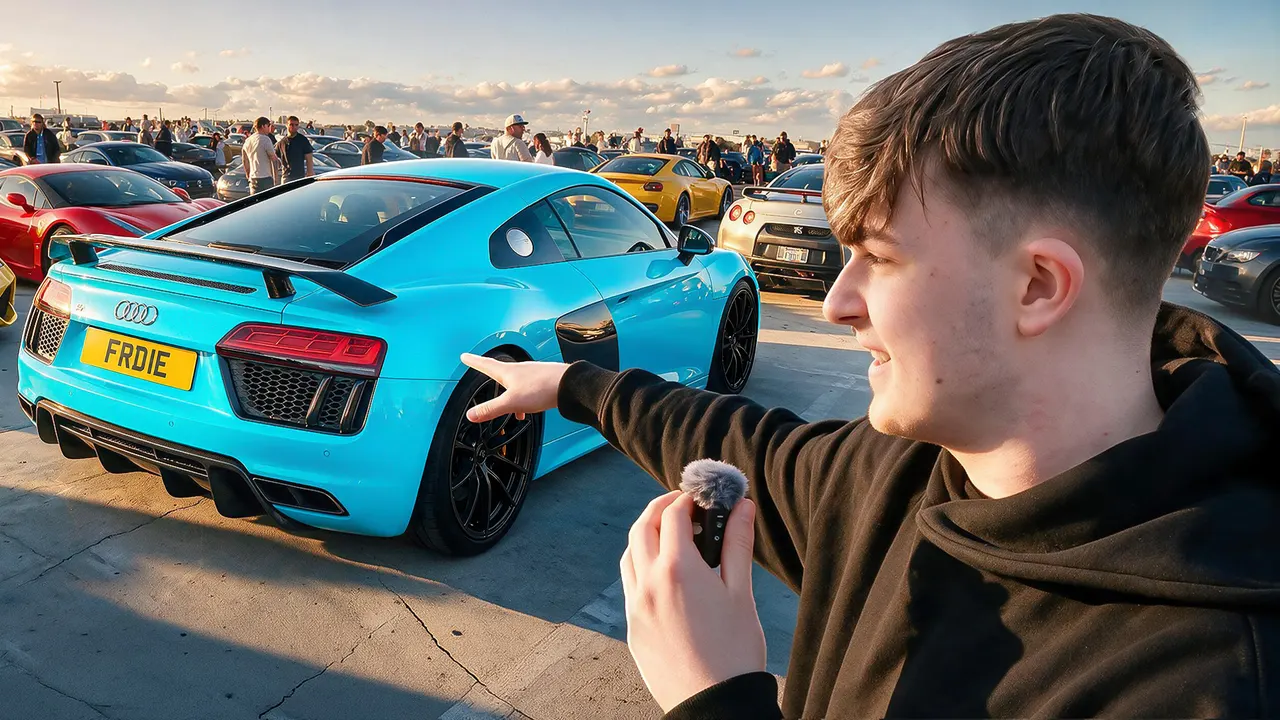 Young vlogger pointing at turquoise Audi R8 at crowded car meet