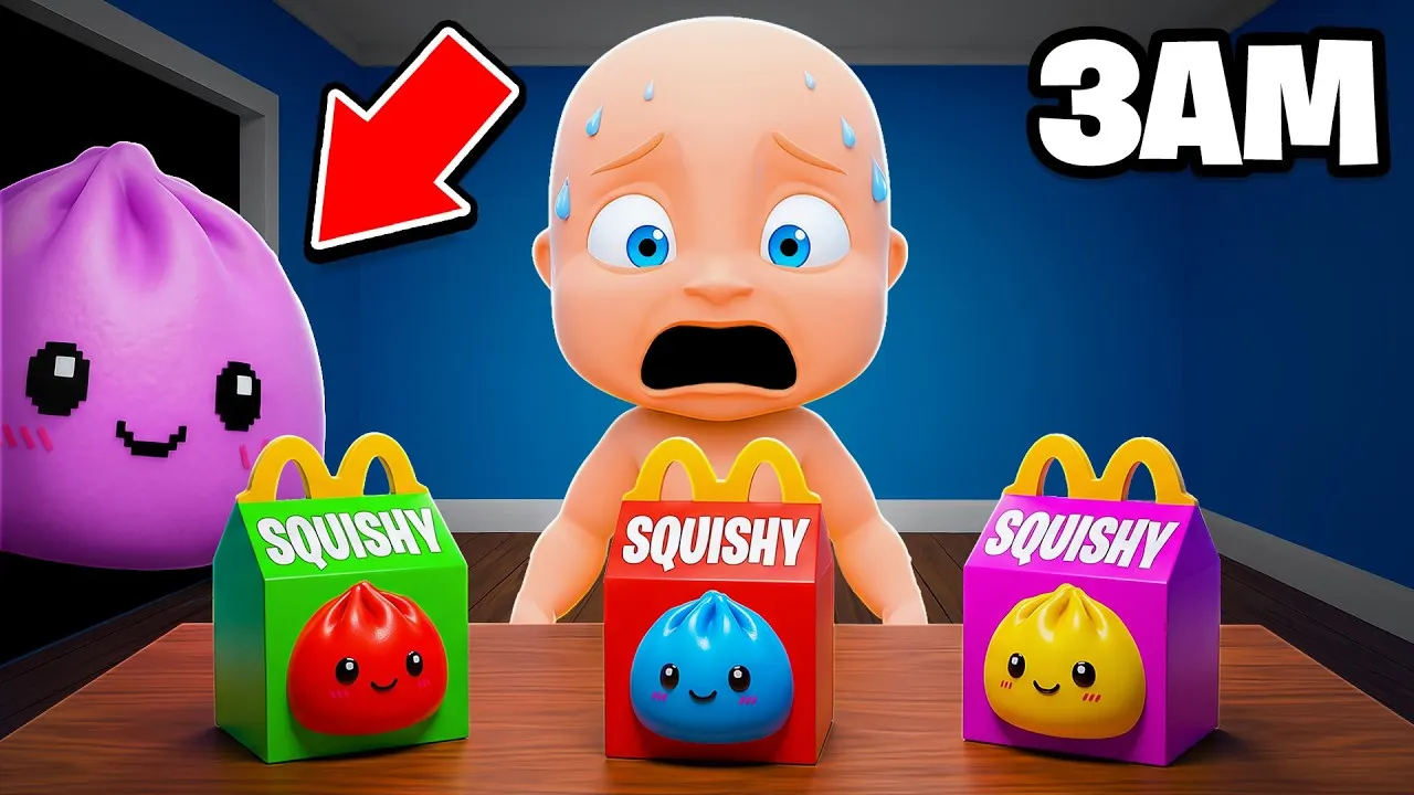 Scared cartoon baby, purple dumpling character, SQUISHY boxes, 3AM text overlay