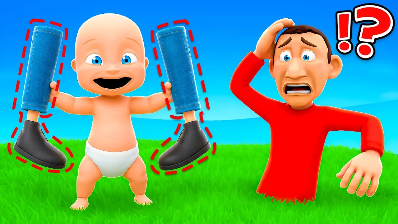 Cartoon baby holding detached legs beside legless confused man outdoors