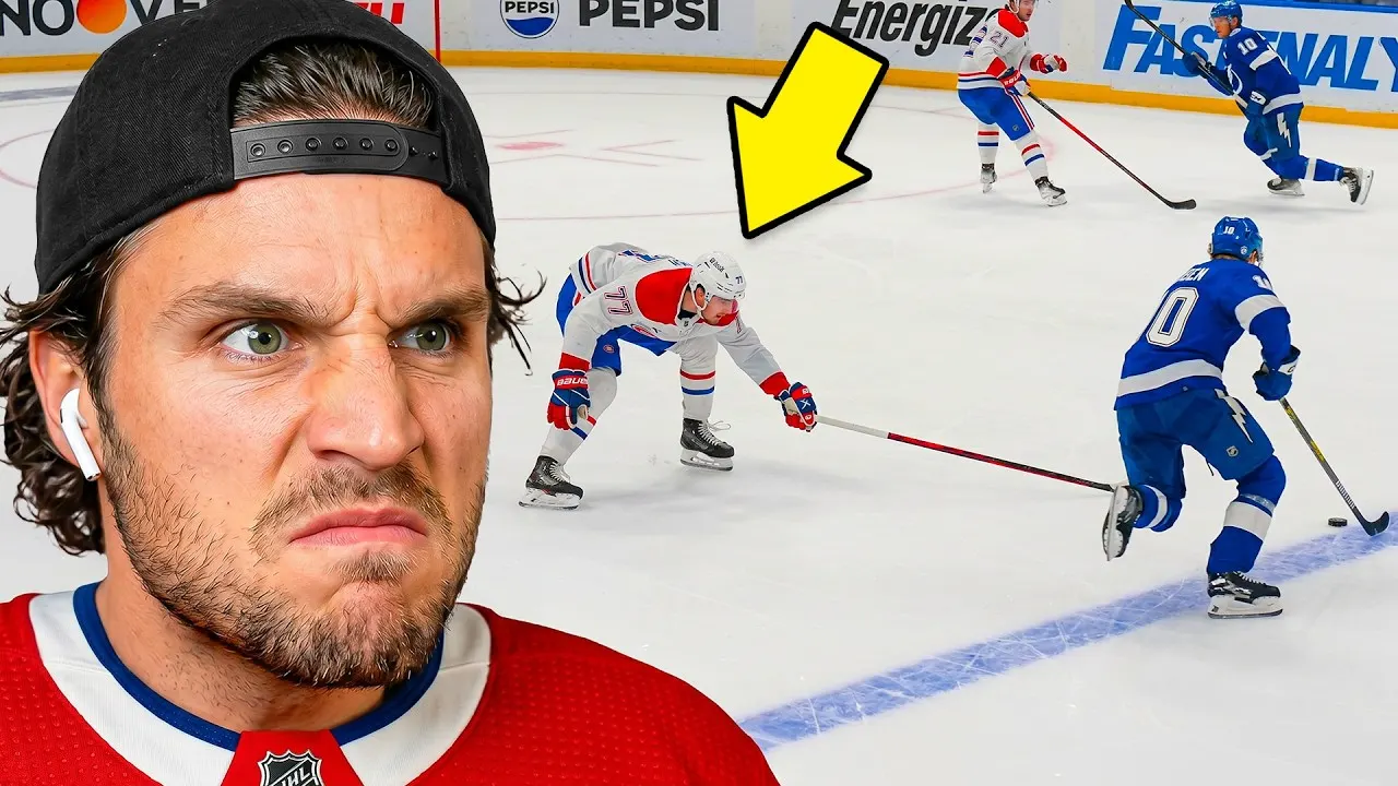 Angry Canadiens fan beside NHL hockey action shot with yellow arrow