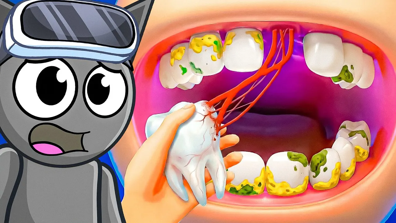 Shocked cartoon cat in VR goggles beside mouth with rotten tooth