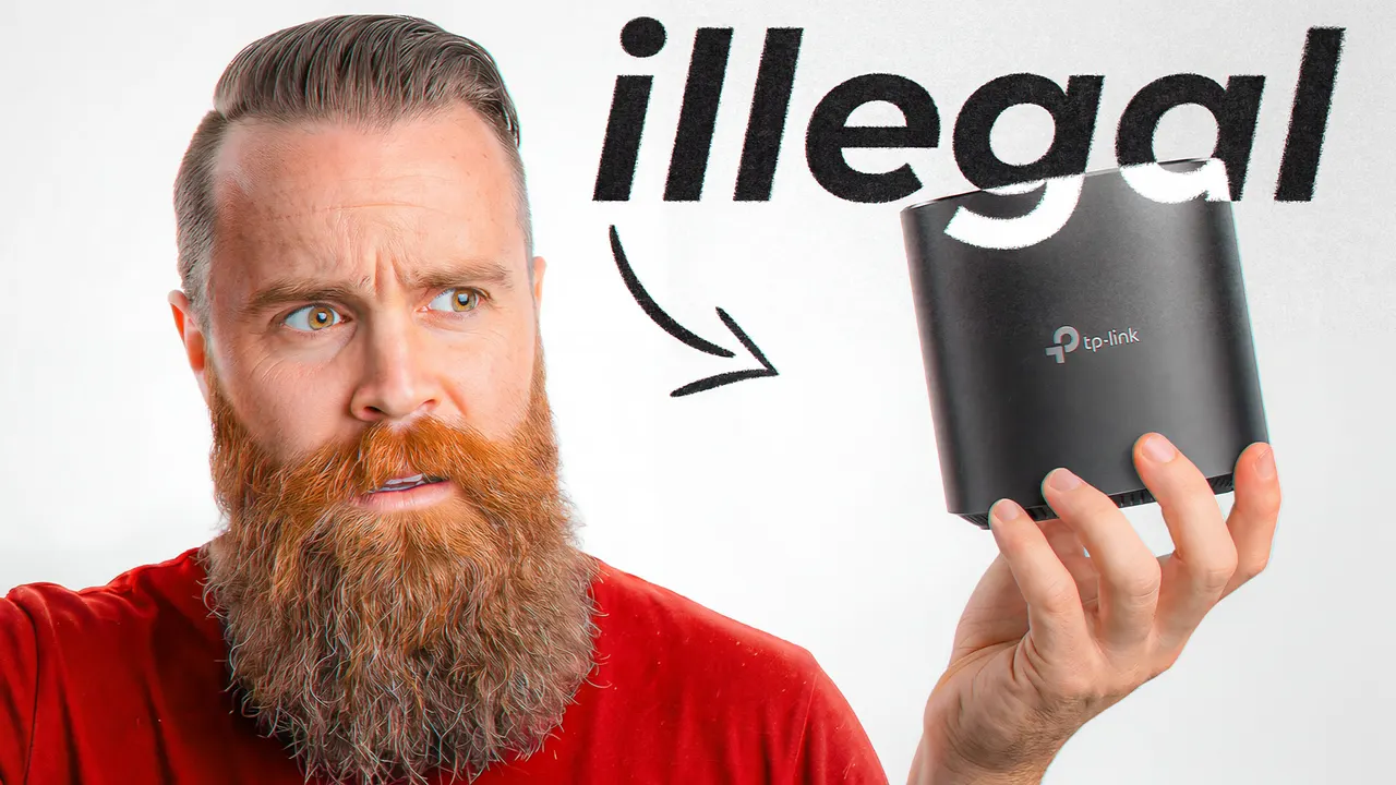 Bearded man holding TP-Link router labeled illegal