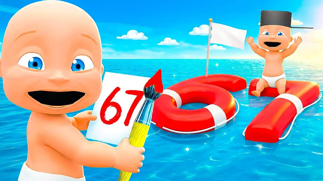 Cartoon babies floating on giant six seven pool floats in ocean